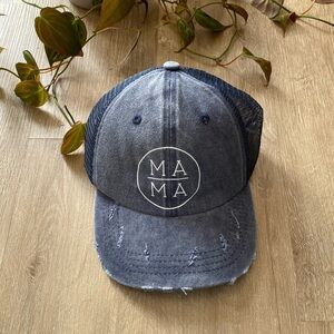 Women’s MAMA Mom Ponytail Trucker Hat Baseball Hat Blue Distressed Vintage Wash